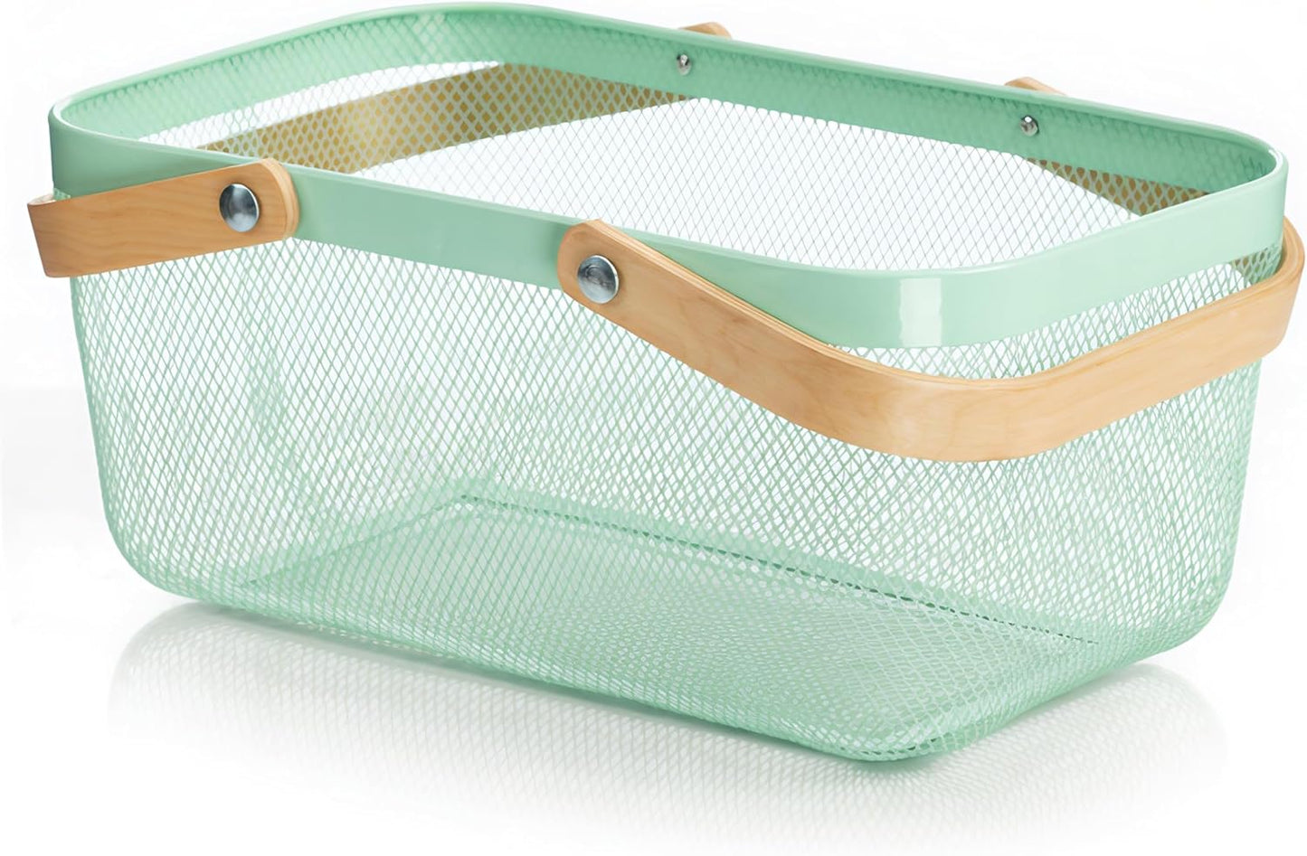 Portable Mesh Harvest Basket - Natural Bamboo Handle Foldable Organizer for Kitchen, Garden & Picnic | Ventilated Storage Bin with Rust-Proof Wire, Space-Saving Farmhouse Decor (Nebula Green)