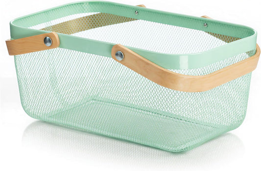 Portable Mesh Harvest Basket - Natural Bamboo Handle Foldable Organizer for Kitchen, Garden & Picnic | Ventilated Storage Bin with Rust-Proof Wire, Space-Saving Farmhouse Decor (Nebula Green)