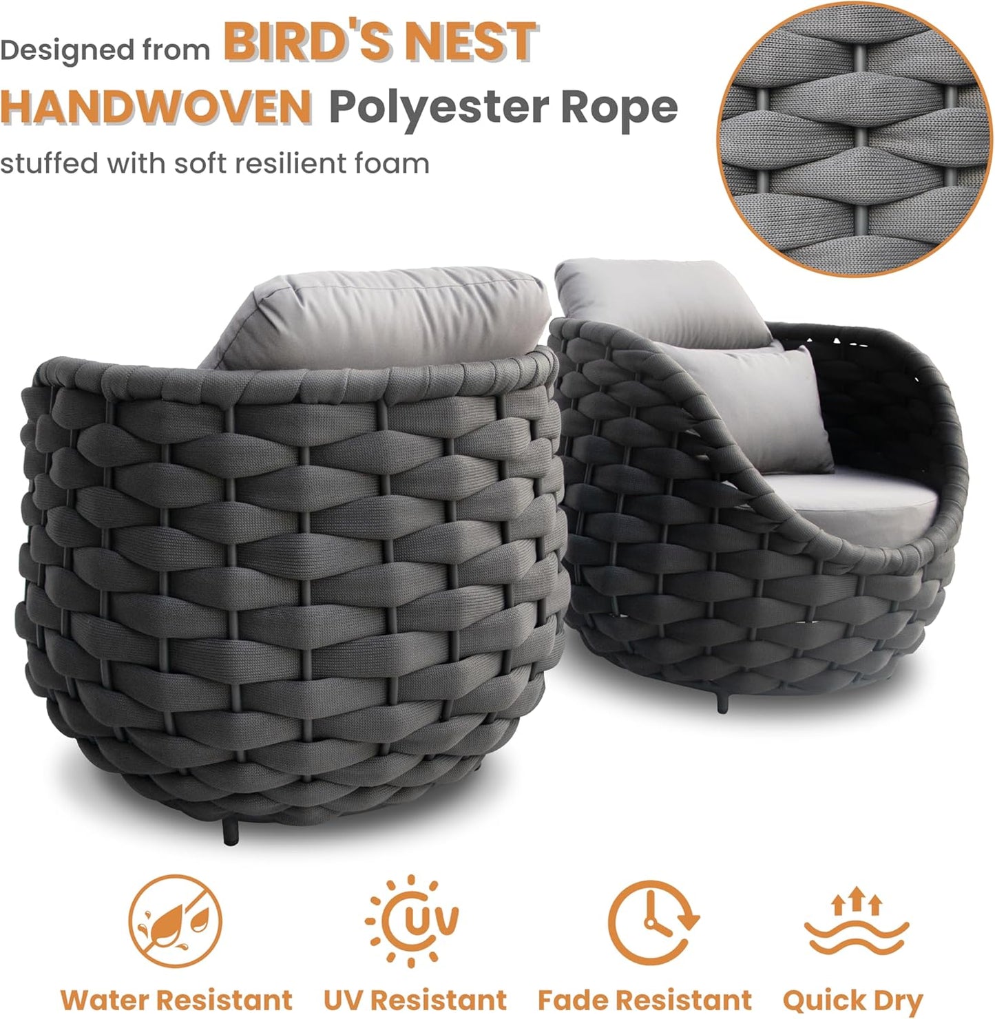 Modern Outdoor Living Room Furniture Set: 4-Piece Alumunim Assembled Woven Rope Accent Patio Conversation Set, All-Weather Lounge Sofa Set for Porch Backyard Garden Deck Poolside Hotel