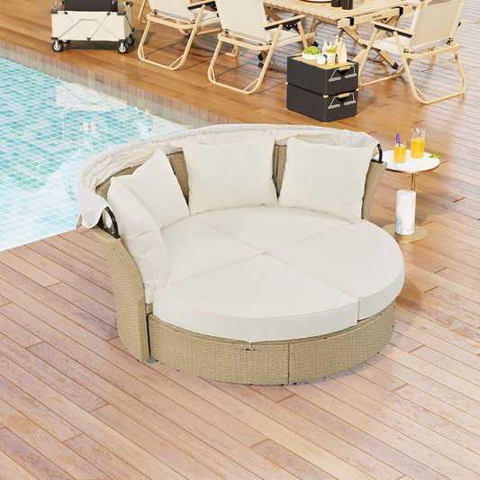 kevinplus Round Outdoor Daybed Patio Sunbed, Convertible Wicker Rattan Outdoor Daybed Sunbed with Retractable Canopy for Garden Backyard Porch Poolside, Beige