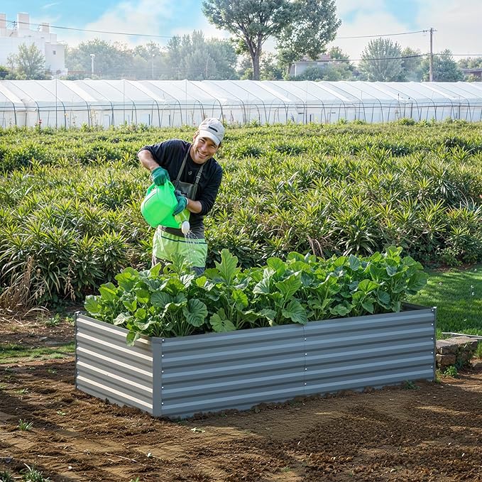 Raised Garden Bed 6x3x1.5FT - Galvanized Steel Planter for Outdoor Vegetables, Flowers, and Herbs - Tall Deep Root Box Kit with Gloves and 2 Compost Bags - Stylish Gray Design