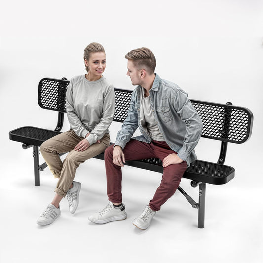 Heavy-Duty Outdoor Metal Bench, Thermoplastic-Coated, Inground, Weatherproof, Commercial-Grade for Parks, Gardens, Patios, Stores & More (6 Ft - Inground with Back, Black)