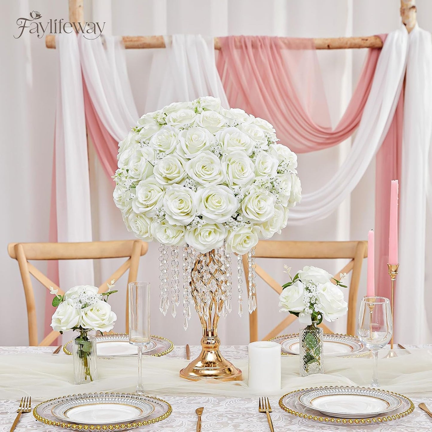 20PCS Artificial White Roses, 3.9'' Silk Flower Head Fake White Rose with Long Stems, Realistic Faux Roses Bouquet for DIY Wedding Home Party Office Decoration