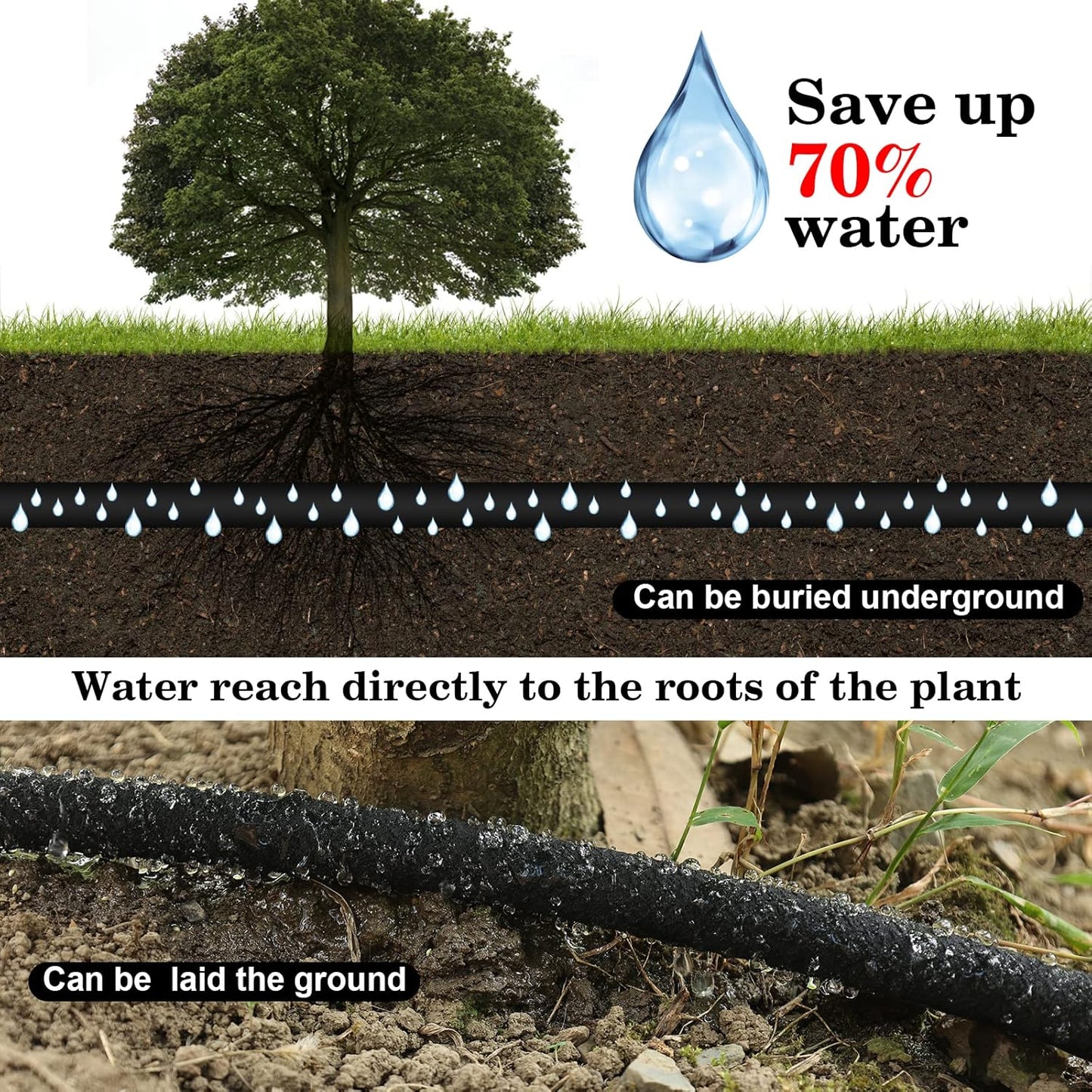 Soaker Hose 15 FT Pro for Garden Beds 1/2 Inch Rubber Longer Lasting Drip Irrigation Save 70% of Water Various Accessories Great for Lawn and Yard