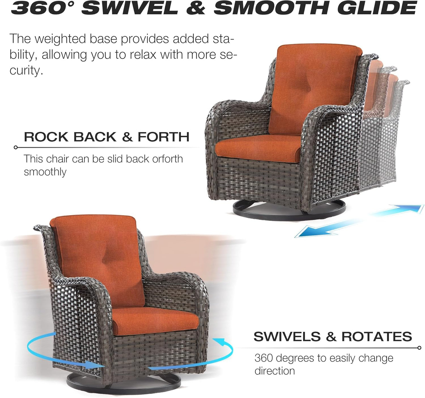 Joyside Outdoor Swivel Rocker Patio Chair and Matching Side Table - 2-Piece Wicker Patio Bistro Set with Premium Fabric Cushions (Brown Mixed with Grey/Orange)