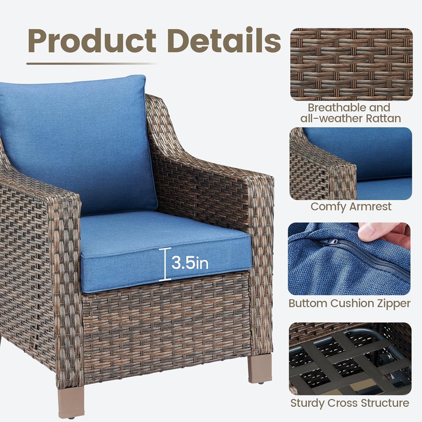 Outdoor Wicker Patio Chairs Set of 2 - Heavy Duty Outside Modern PE Rattan Lawn Chair for Front Porch Balcony Backyard Yard Deck Poolside Apartment – Brown/Blue
