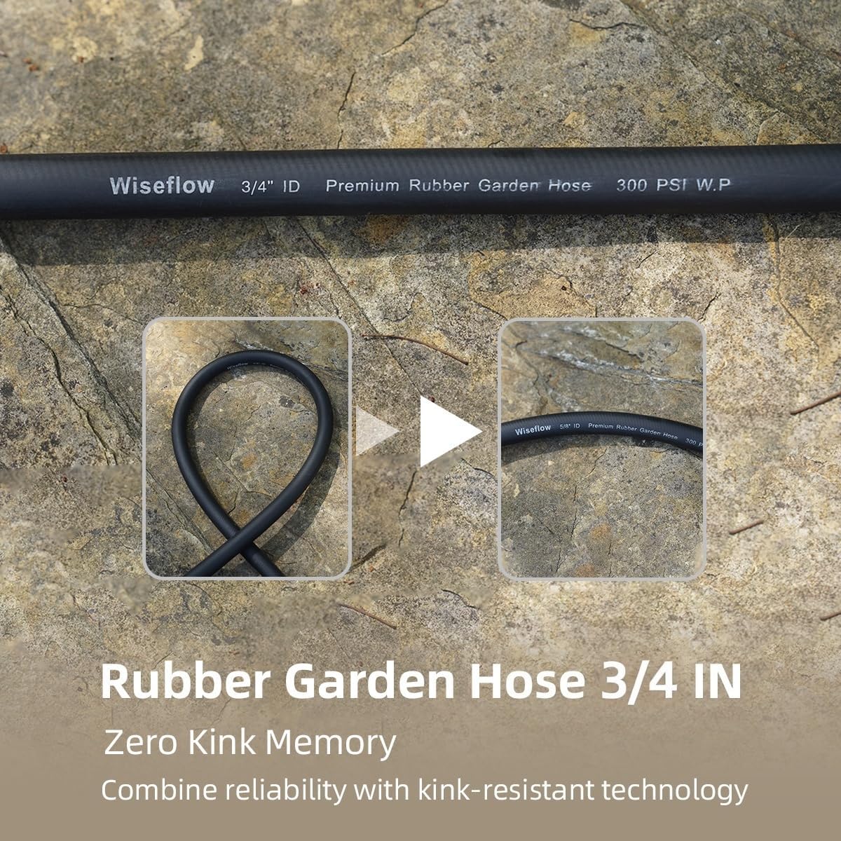 WiseFlow Garden Hose 50FT x 3/4", Heavy Duty Rubber Hose, 1000PSI Burst, 300PSI Working, Water Hose with Five Layered Braiding, Male Female Fittings (Black)
