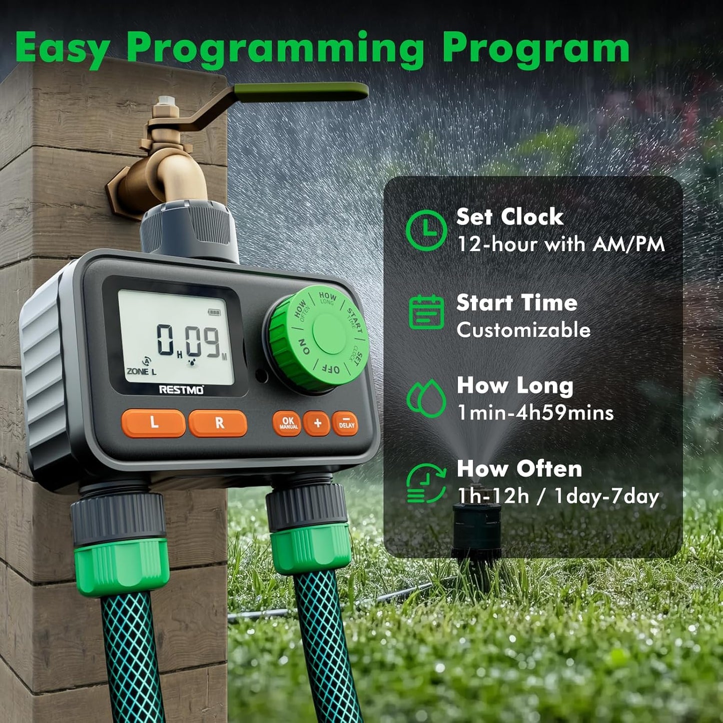 RESTMO 2 Zone Sprinkler Timer, Programmable Water Timer for Garden Hose, Automatic Control | Manual ON/Off | Rain Delay for Outdoor Faucet, Drip Irrigation and Lawn Watering System