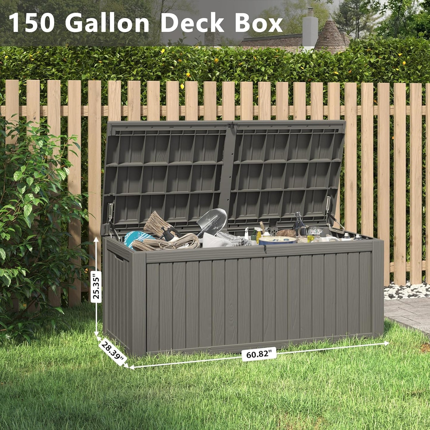 NUNU LAB 150 Gallon Outdoor Storage Box,Resin Large Sturdy Deck Box, Backyard Outside Storage Box Waterproof with Double Wall Panels,Package Delivery,Garden Outdoor Hose Bin