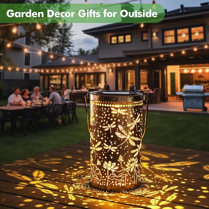 Fabuday Dragonfly Lotus Outdoor Solar Lantern Waterproof 2 Pack - Hanging Solar Power Lights Led for Outside, Garden Decor for Patio, Porch, Balcony, Yard and Deck, Gardening Decoration Gift for Women