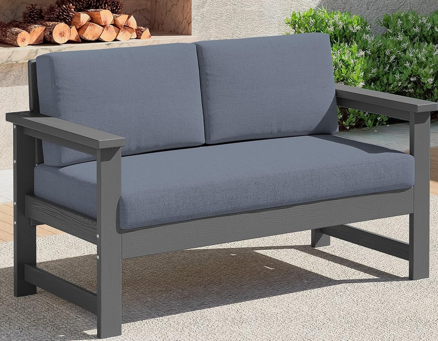 SERWALL HDPE Outdoor Loveseat Couch with Cushions, All Weather Use Outdoor Loveseat Sofa, Grey Frame with Grey Cushions