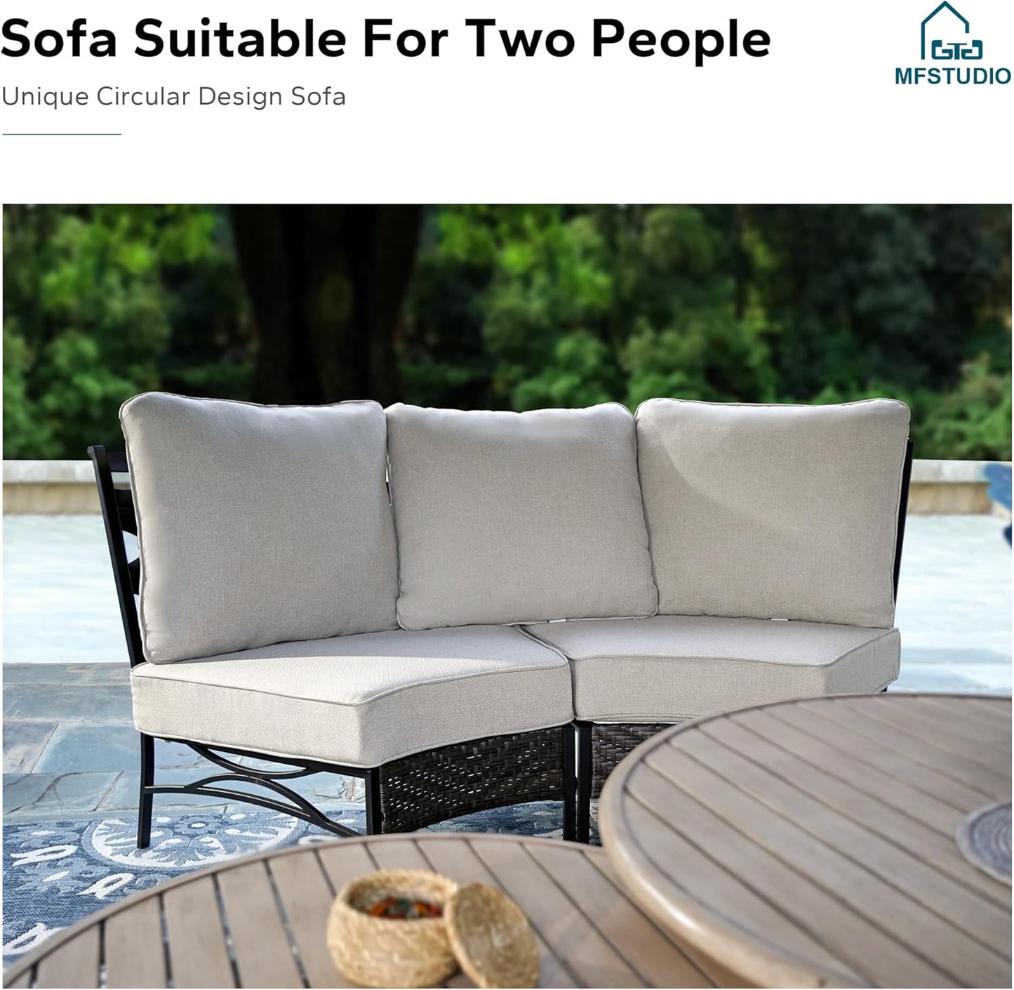 MFSTUDIO Patio Furniture Set, 8 Seats Half-Moon Curved Outdoor Sectional Sofa Conversation Set, Woven Rattan Patio Couch with 2 Wood-Like Round Coffee Table