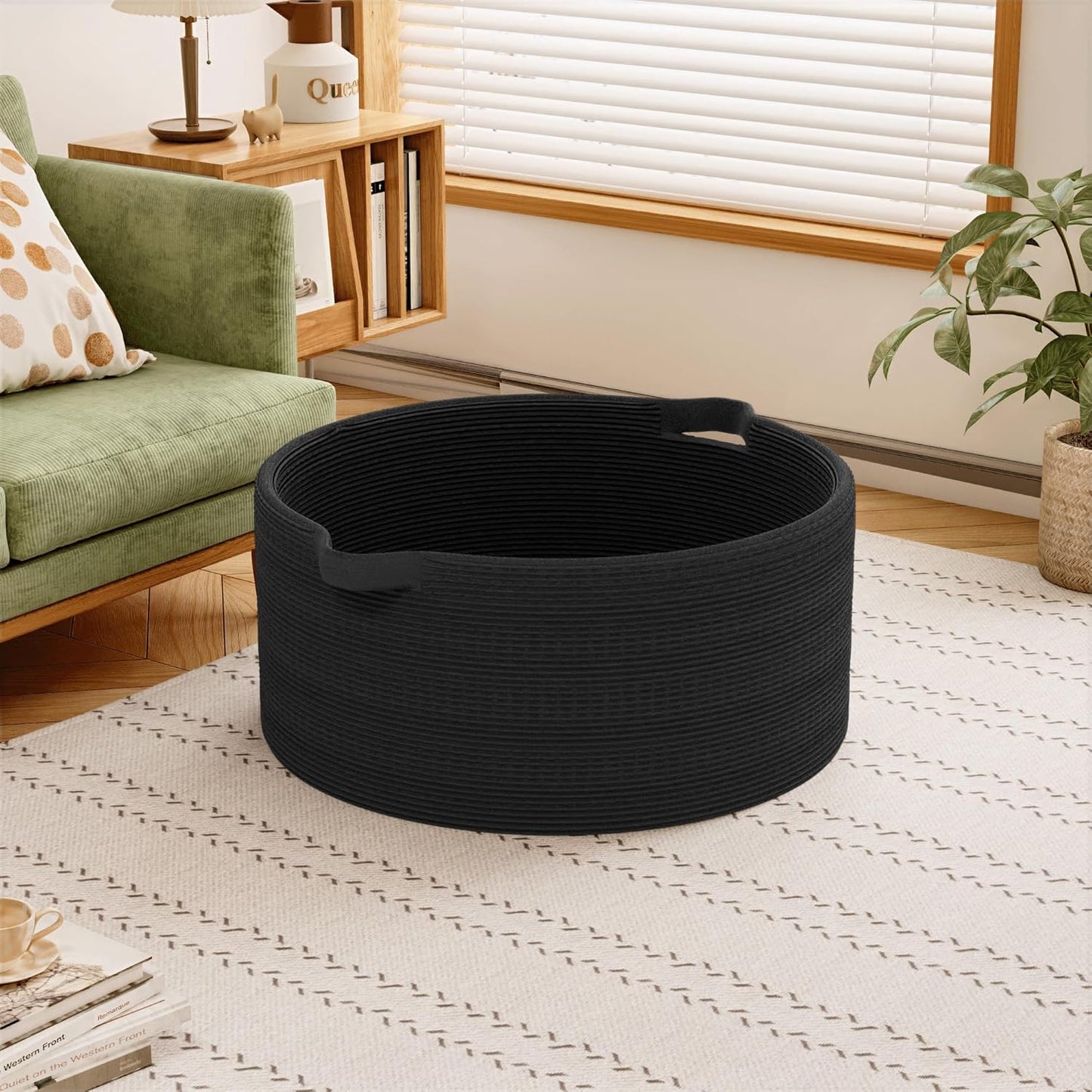 125L Extra Large Blanket Basket, 25" x 16", Jumbo Laundry Woven Baskets Decorative Home, Cotton Rope Basket with Handles, Baby Toy Baskets for Storage, Black, 2PC