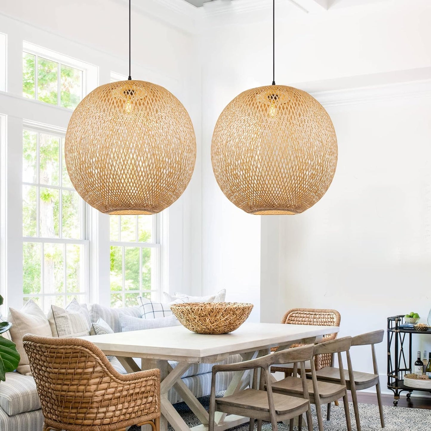 Arturesthome Round Bamboo Pendant Lights, Wicker Chandelier Hand-Woven Boho Basket Lampshade Hanging Ceiling Light for Kitchen Island Living Room