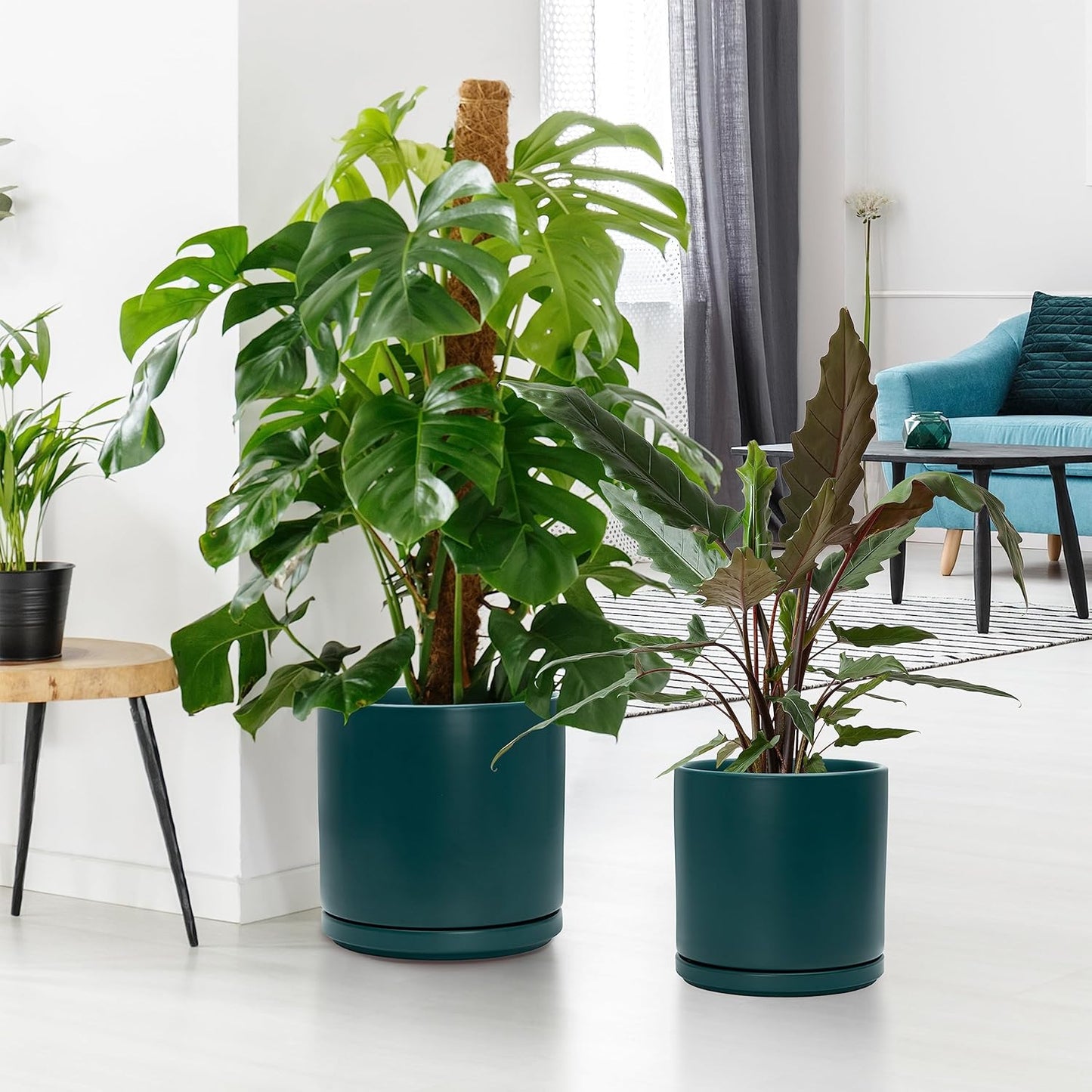 D'vine Dev 6 Inch & 8 Inch & 10 Inch, Set of 3 Round Ceramic Planter Pot with Drainage Hole and Saucer, Teal, 94-T-L-9