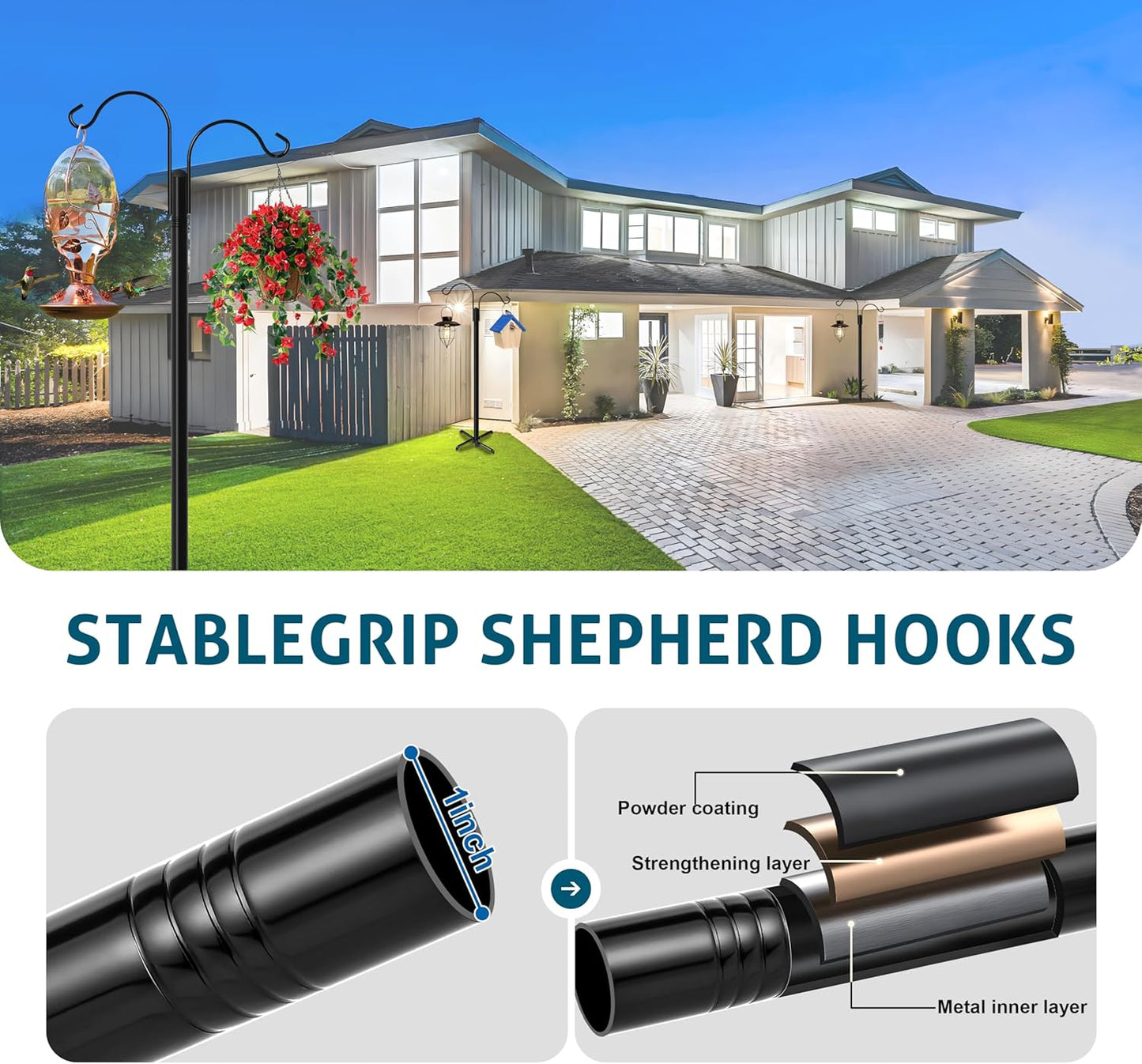 Ottsuls Double Shepherds Hooks for Outdoor, 92 Inch Bird Feeder Pole with 5 Prong Base, Upgrade 1 INCH Thick Heavy Duty Planter Hook for Hanging Baskets, Lantern,1 Pack