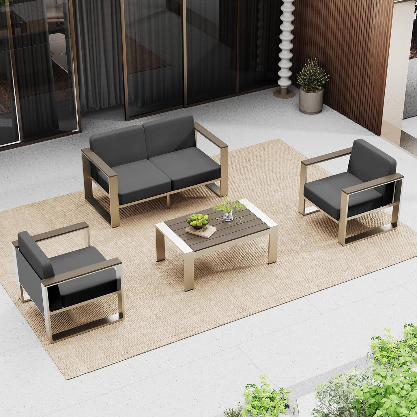 Outdoor Furniture Set, 4 Piece Aluminum Patio Furniture Set with Coffee Table, Wide Seat and Thick Cushions, Outdoor Patio Conversation Sets for Deck, Porch (Darkgray)