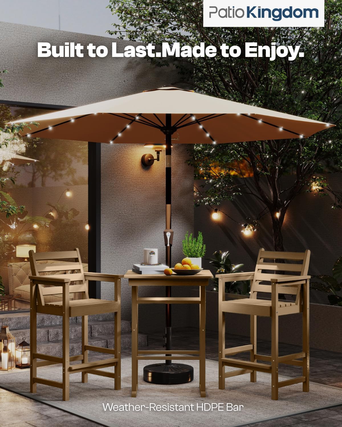 Outdoor Bar Set, 3-Piece HDPE Balcony Set with 2 Tall Adirondack Chairs and Bar Table, All-Weather Bar Height Stools for Patio, Backyard, Poolside (Brown)