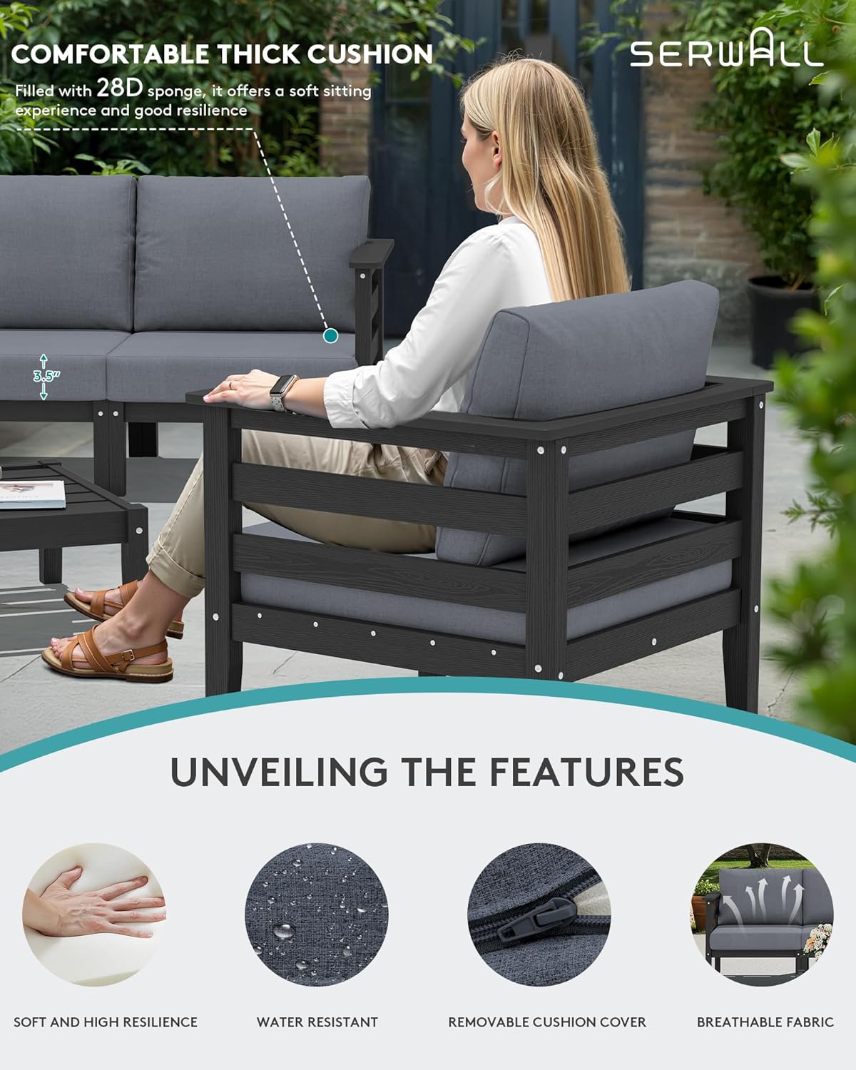 SERWALL HDPE Patio Furniture Set 4 Pieces, All-Weather Wood-Like Outdoor Sofa Couch with Coffee Table for Deck, Lawn, Black Frame with Grey Cushion