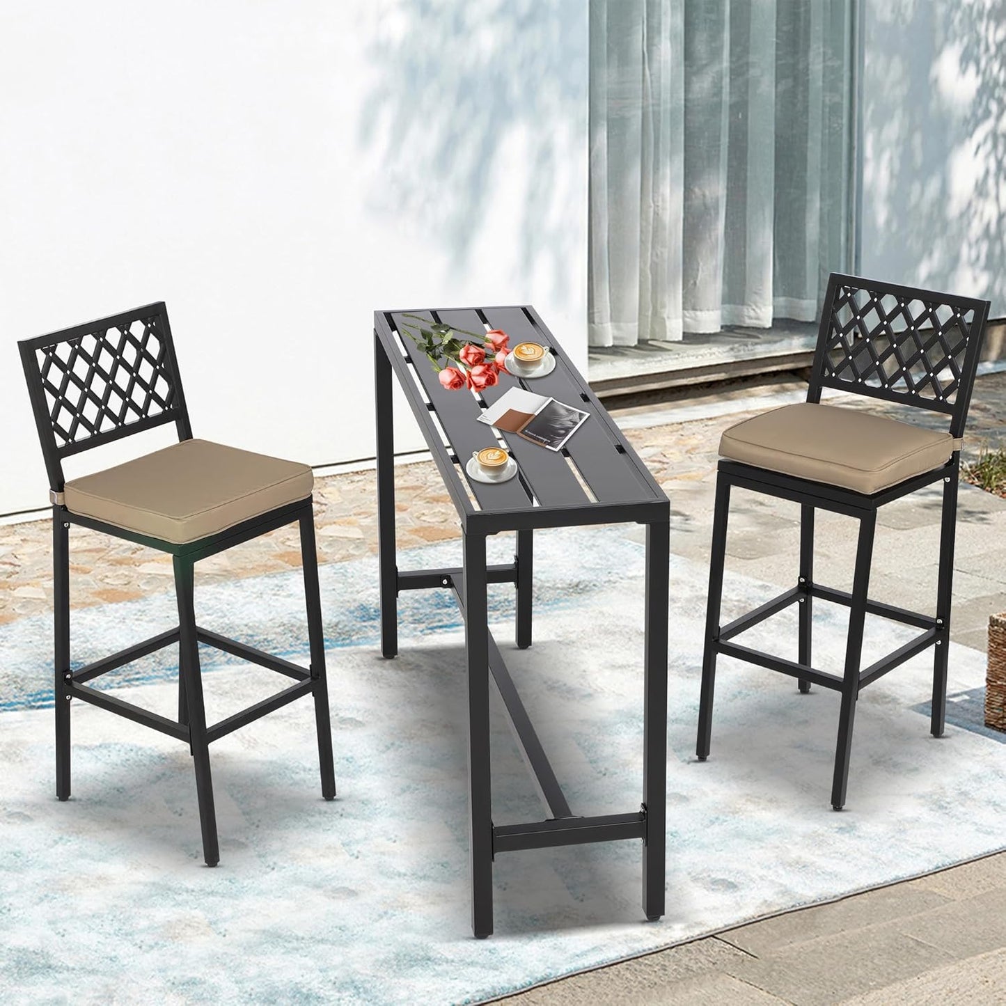 Outdoor Patio Bar Set, Bar Height Patio Dining Set, Weather-Resistant Bistro Counter Pub Set with Cushions & Slatted Tabletop for Backyard