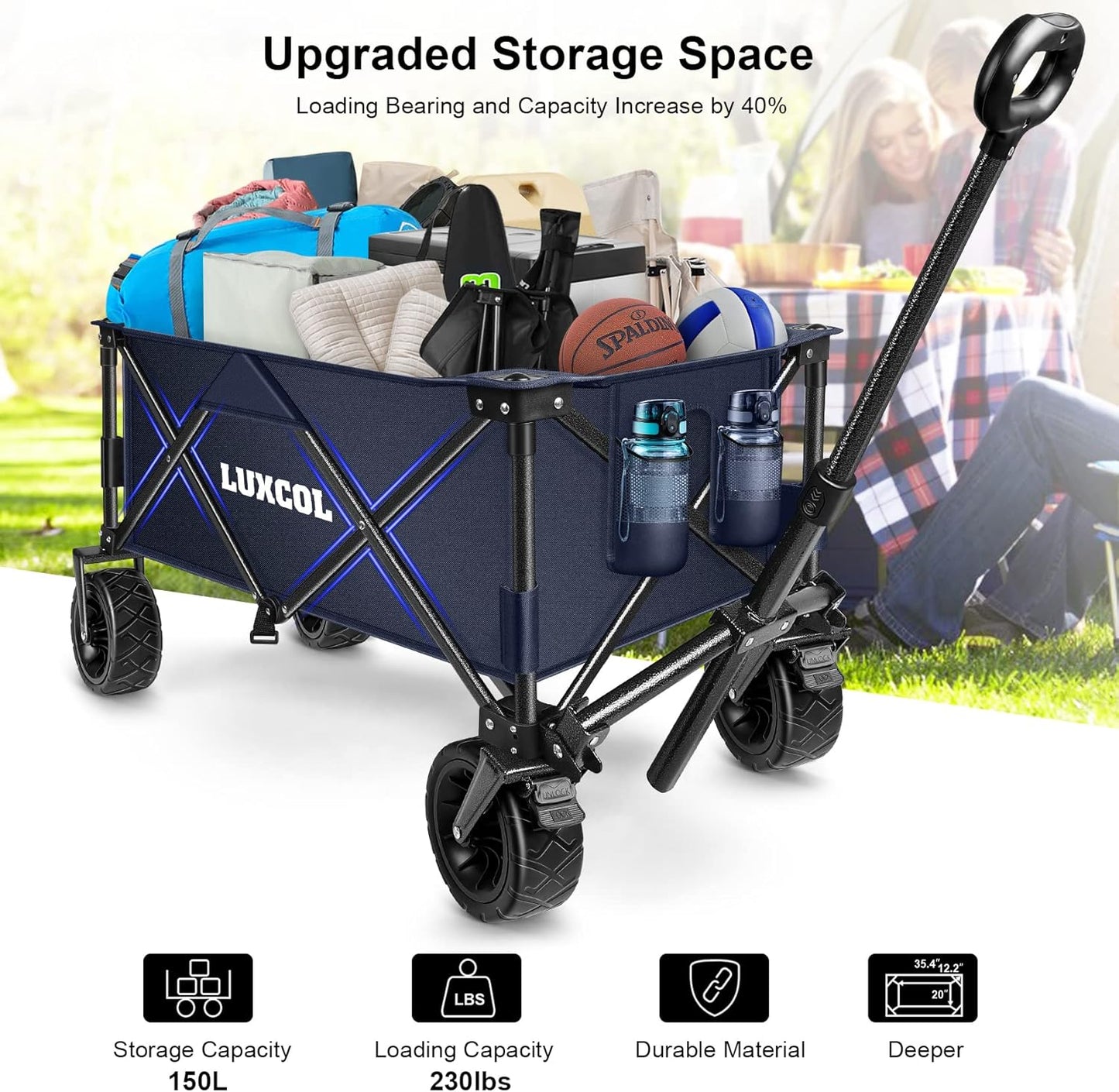 LUXCOL Collapsible Folding Wagon, Heavy Duty Utility Beach Wagon Cart for Sand with Big Wheels, Adjustable Handle&Drink Holders for Shopping, Camping,Garden and Outdoor Dark Blue
