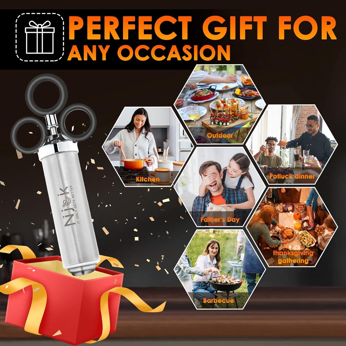 Stainless Steel Meat Flavor Injector Kit, 2-oz Large Capacity with 3 Professional Needles, Marinade and Seasoning Injector Syringe for Beef, Turkey, Brisket, Sturdy and Heavy-duty for BBQ Grill