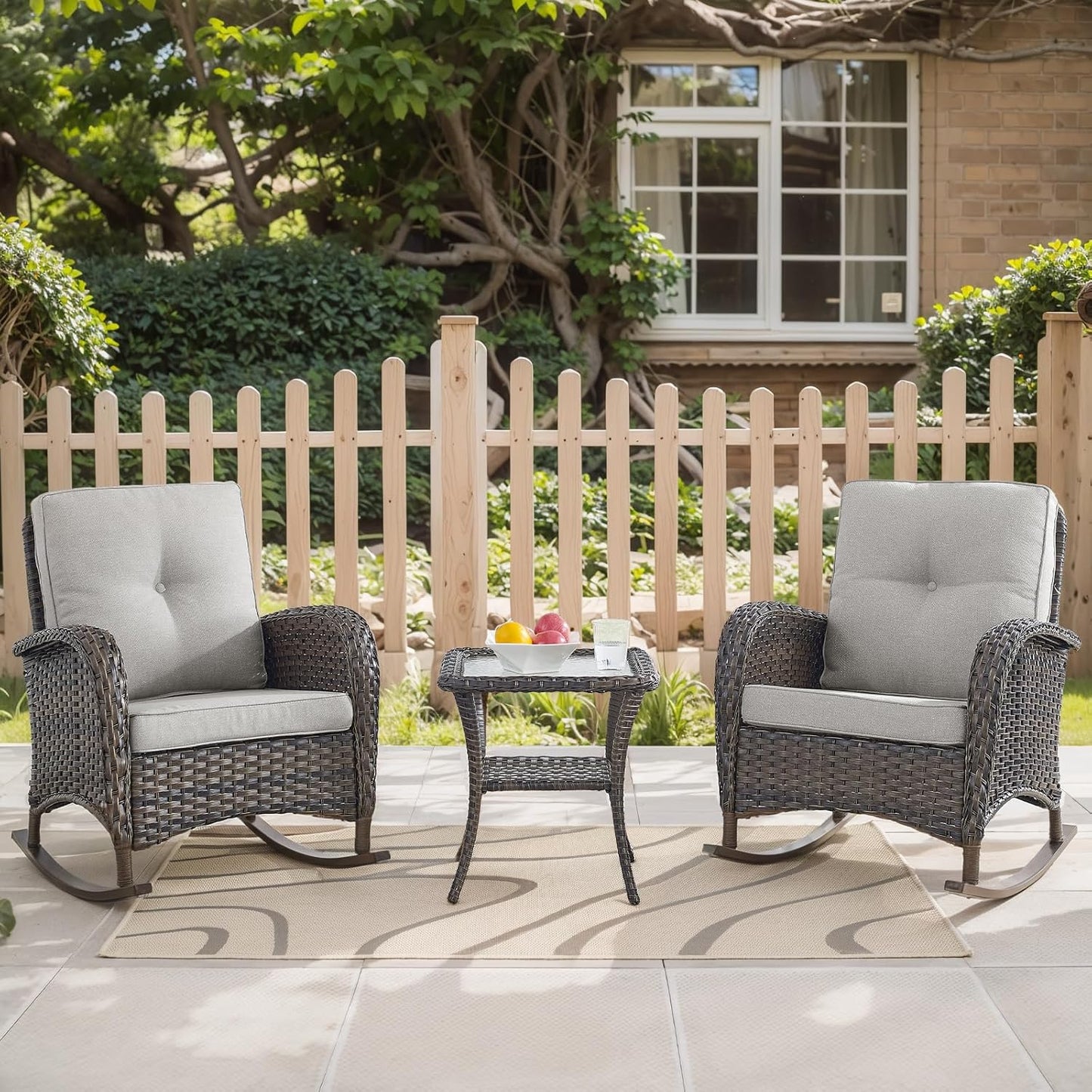 HUMMUH 3-Piece Outdoor Rocking Chairs,All-Weather PE Wicker Patio Rocker Chairs Bistro Set with Side Table,Porch Balcony Furniture with Cushions