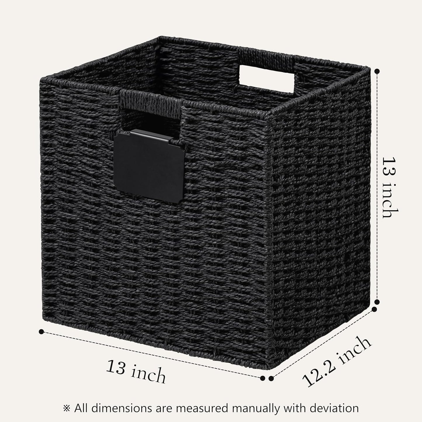UBBCARE 4 Pack Wicker Basket, 13×13 Storage Cubes with Label, Foldable Cube Storage Bin with Handle, Square Storage Basket for Shelves, Woven Paper Rope Basket for Organizing, Black