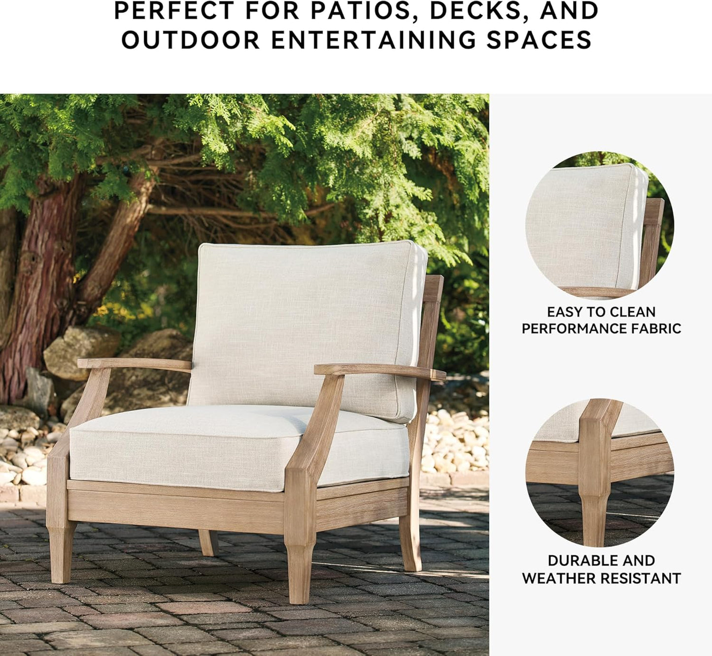 Signature Design by Ashley Carter Hall Outdoor Eucalyptus Patio Lounge Chair with Cushion, Beige