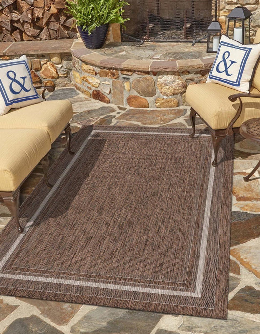 Unique Loom Outdoor Border Collection Area Rug - Soft Border (10' x 14' 1" Rectangle Brown/Ivory)