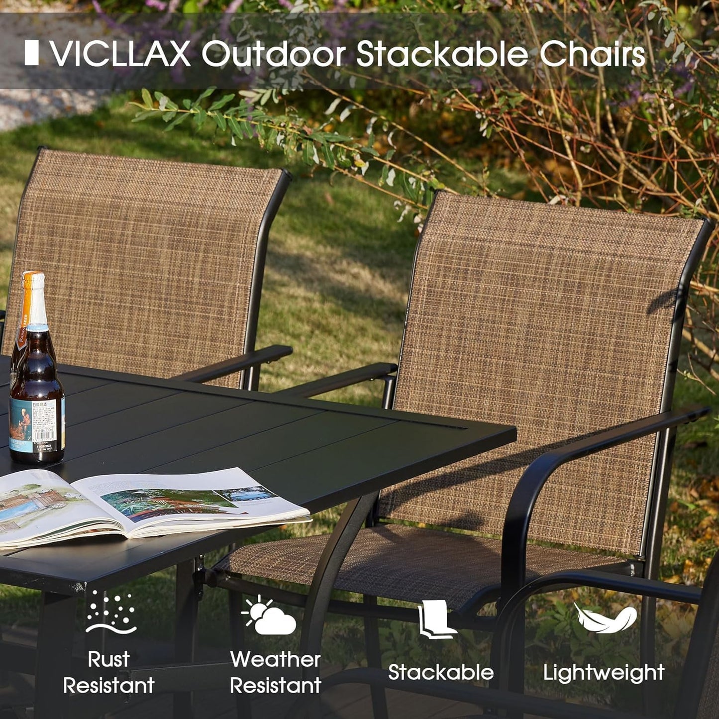VICLLAX 5 Pieces Patio Dining Set, Outdoor Furniture Set Includes 37.8" Square Outdoor Table and 4 Stackable Patio Sling Chairs, Walnut Tabletop and Brown Fabric