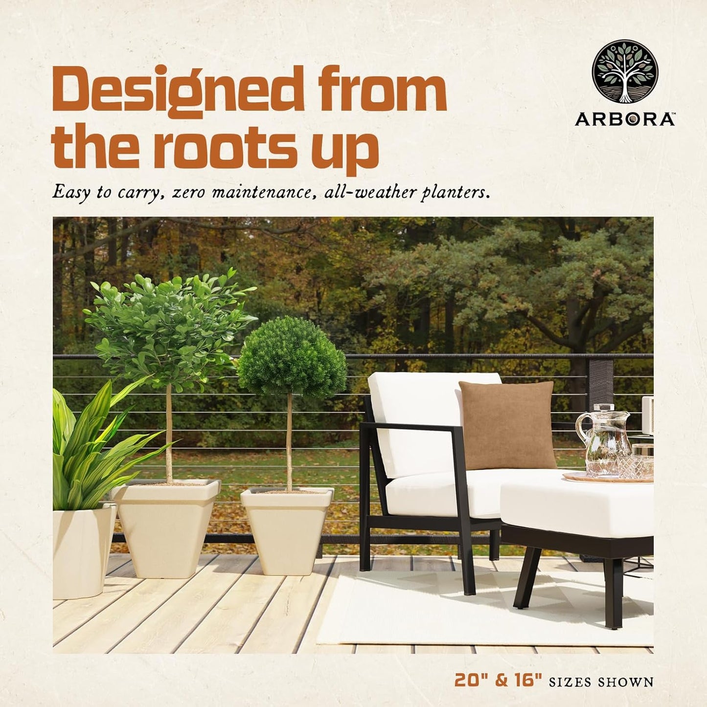 ARBORA 20" Mykonos Square Polyresin Indoor and Outdoor Planter with Classic Cream Finish - Durable, Weatherproof, Lightweight, Large Plant Pot for Patio, Garden, Deck, Entryway