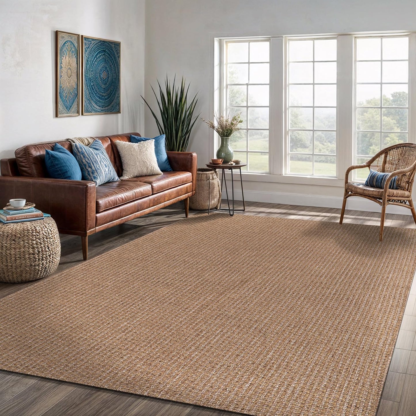 Easy Jute Rug 5x7 Indoor Outdoor Natural Rugs Solid Fiber Rug Woven Area Rug Boho Easy Clean Inside Carpet for Living Room Bedroom Dining Room Hallway or Outdoor Patio Porch (5 X 7 Natural)