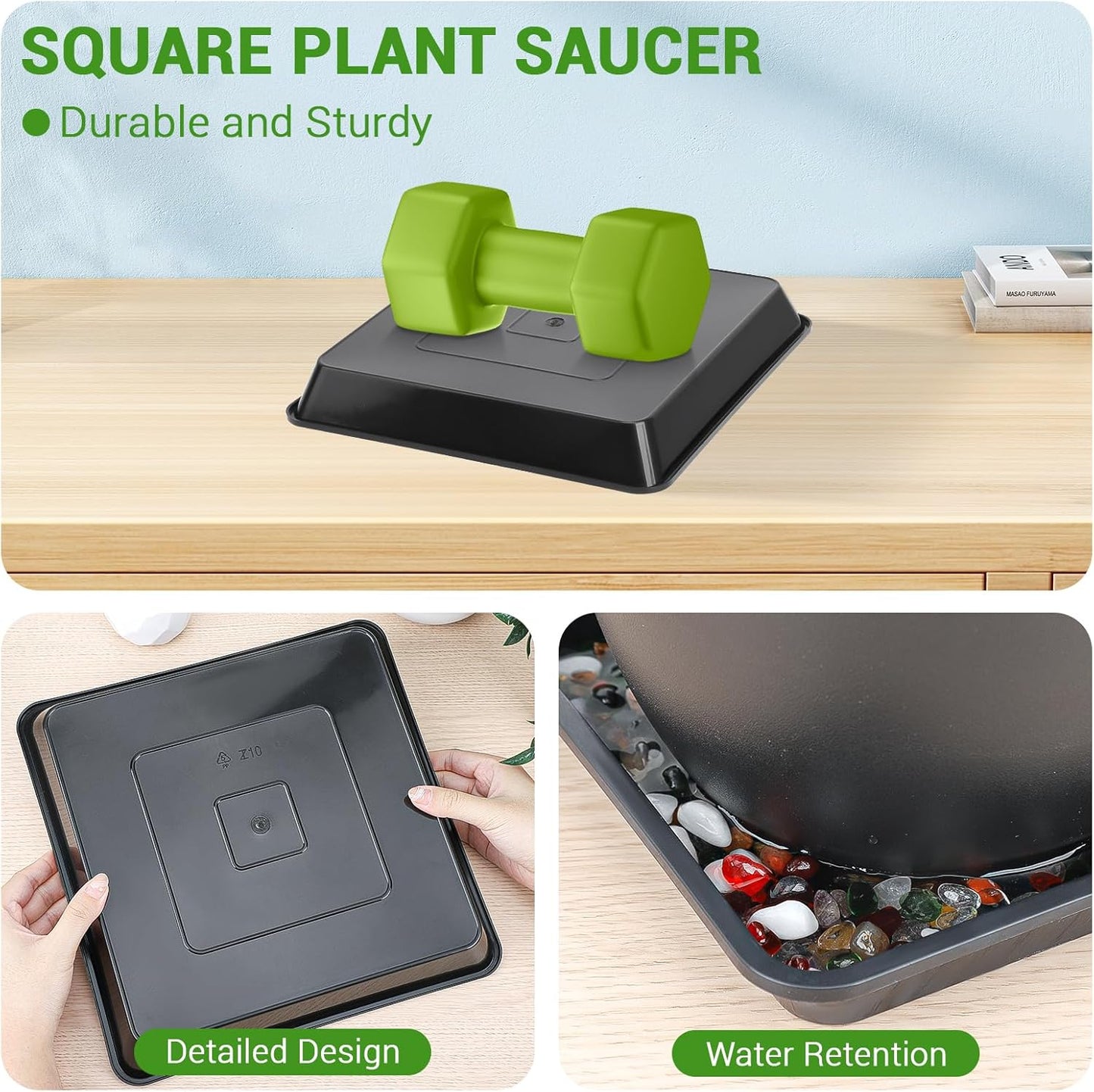 GREANER 6 Packs Square Plant Saucer, Plant Water Dray Tray, Durable Thick Plant Pot Dish for Flower Pot, Plastic Plant Tray to Catch Water for Indoor Outdoor(10 Inch, Black)