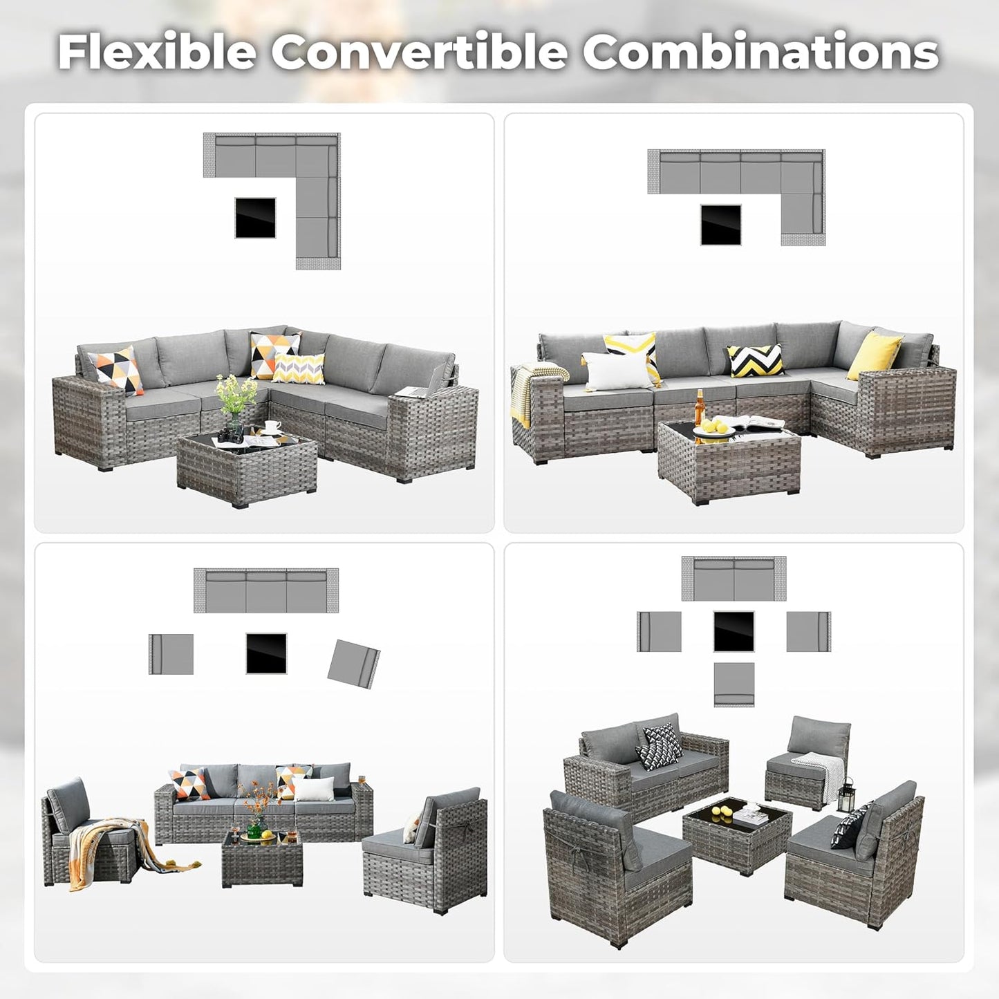 ovios 6 Pieces Patio Furniture Set, Outdoor Wicker Sectional Sofa with Glass Table Comfy Cushions, Modern Modular Deep Seat Couch Rattan Conversation Set, Dark Grey