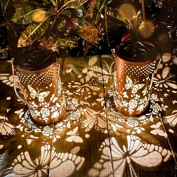 Mothers Day Gifts, 4 Packs Solar Lanterns Outdoor Hanging Lantern Lights, 4 Butterflies Hollowed-Out Metal Decor Lantern, Waterproof LED Decorative Garden Light Gifts