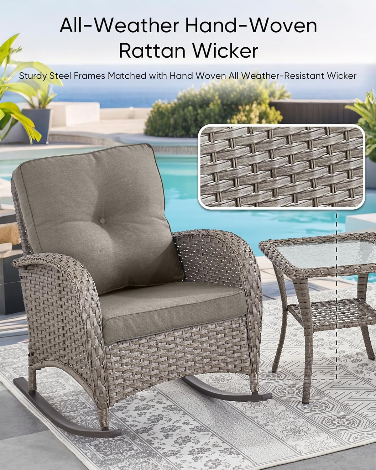HUMMUH Outdoor Bistro Set-High Back Outdoor Rocking Chair with Side Table Patio Table and Chairs Set for Deck Lawn Porch Balcony Poolside-Grey/Grey