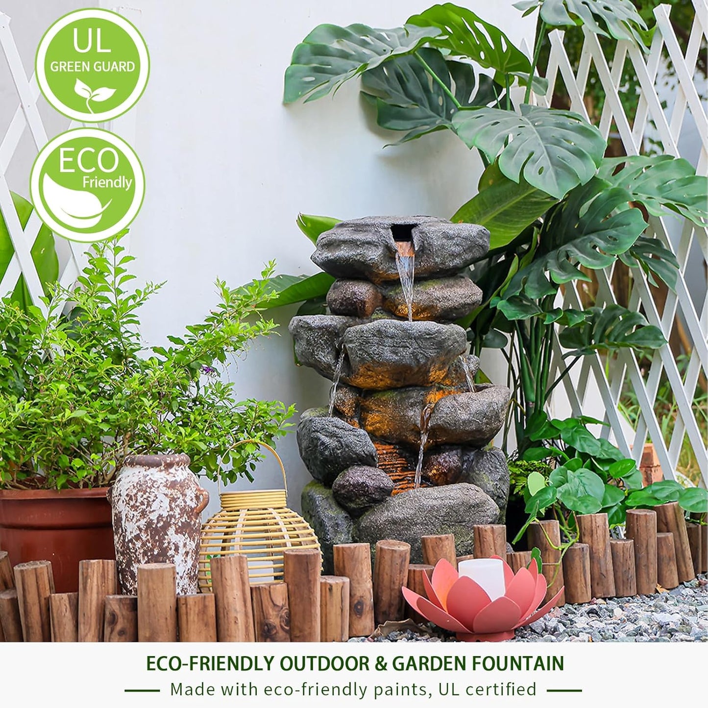 Garden Outdoor Fountains 4-Tier Rock Outdoor Water Fountain with Lights, 28.35" Waterfall Fountain for Garden, Patio, Yard, and Lawn, Natural Stone Look Water Features Outdoor Patio