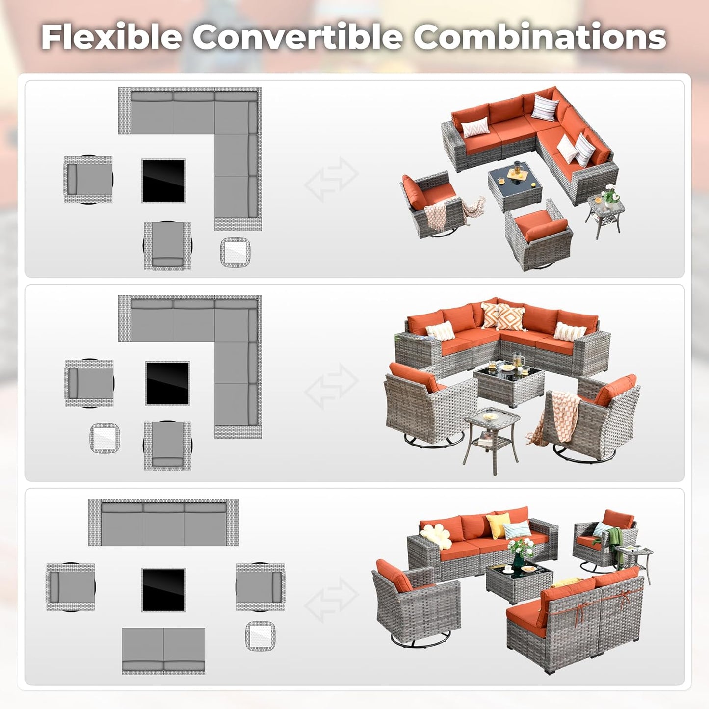 ovios 9 Pieces Patio Furniture Set, Outdoor Wicker Sectional Sofa with 2 Swivel Chairs Coffee Table, Modern Modular Deep Seat Rattan Couch Conversation Sets, Orange Red