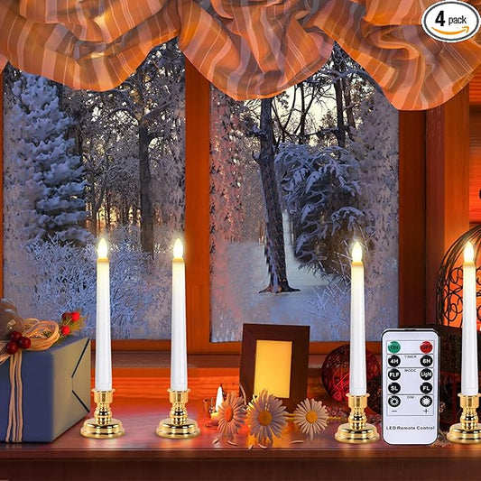 JOSU LED Window Candles, Christmas Flameless Window Candle Lights with Timer Battery Operated, 4 3D Wick Light Candle+4 Removable Gold Candleholders+Remote, for Decor &Festival Celebration
