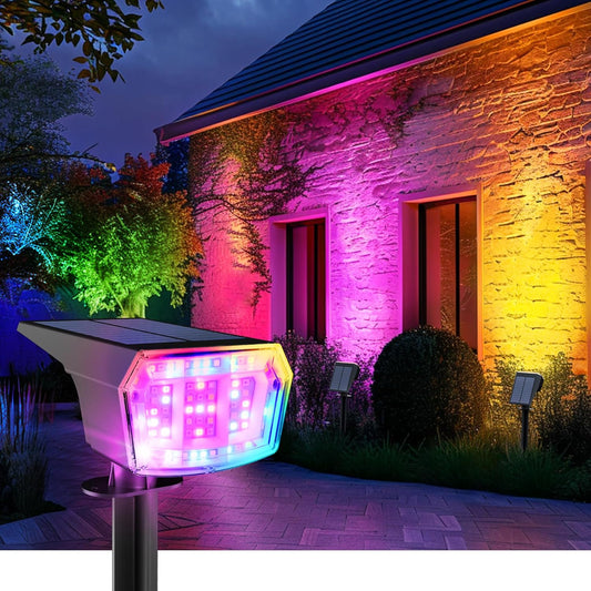 Solar Spot Lights Outdoor, 9 Lighting Modes RGB, Solar Lights Outdoor Waterproof IP65, 63 LED Landscape Spotlights for Holiday Decorations