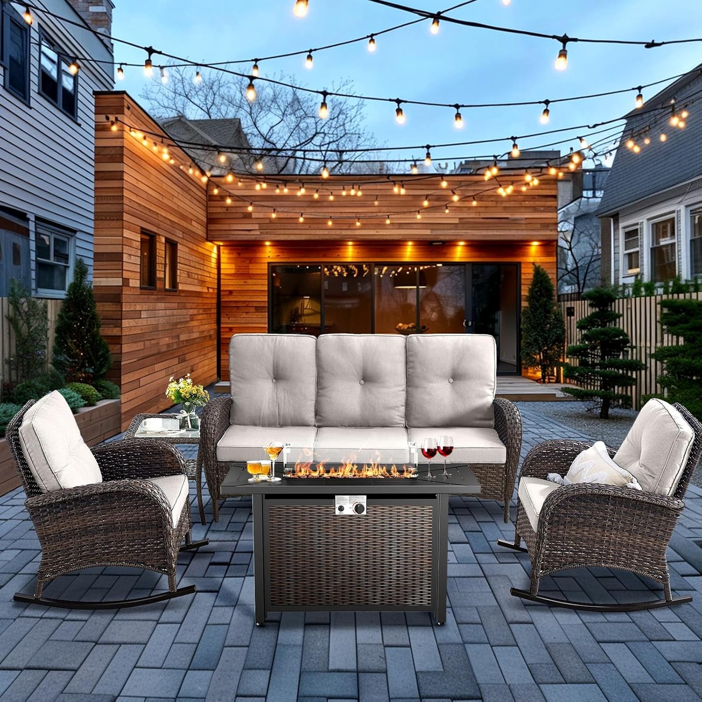 HUMMUH 5-Piece Patio Furniture Set with Fire Pit,Wicker Outdoor Rocking Chairs Patio Sofa for Backyard,Poolside,Deck