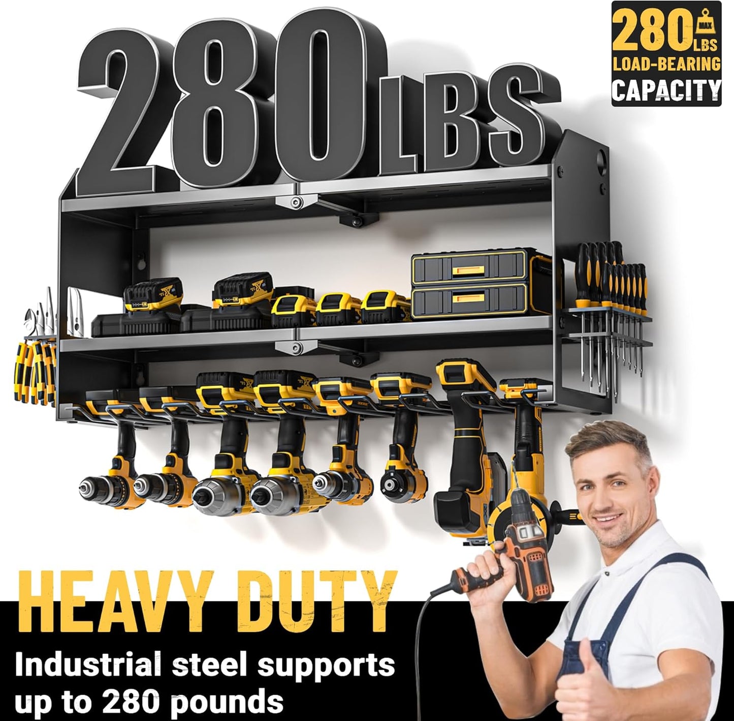 YYR Power Tool Organizer Wall Mount, Cordless Drill and Battery Holder, Electric Tools Hanger Storage Rack, Garage Organization Floating Shelf - Metal, Black