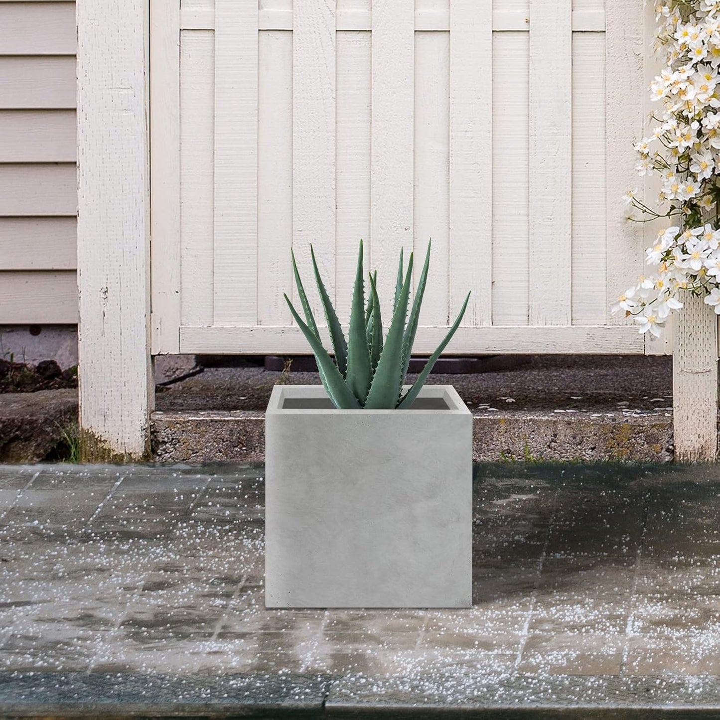 Kante 12 Inch Square Concrete Planter for Outdoor Indoor Home Patio Garden, Large Plant Pot with Drainage Hole and Rubber Plug, Natural Concrete