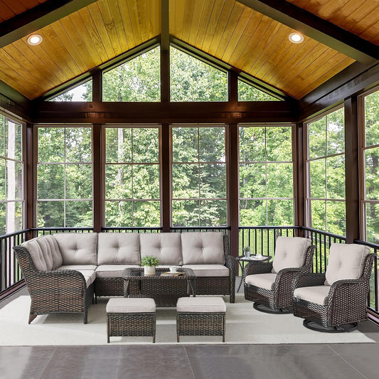 Outdoor Furniture Sectional Sofa L Shaped Couch - Patio Wicker Set with 2 Swivel Glider Chairs, 8 Piece Rattan Patio Conversation Sets with Beige Cushion for Deck Backyard Sunroom Beige Cushion