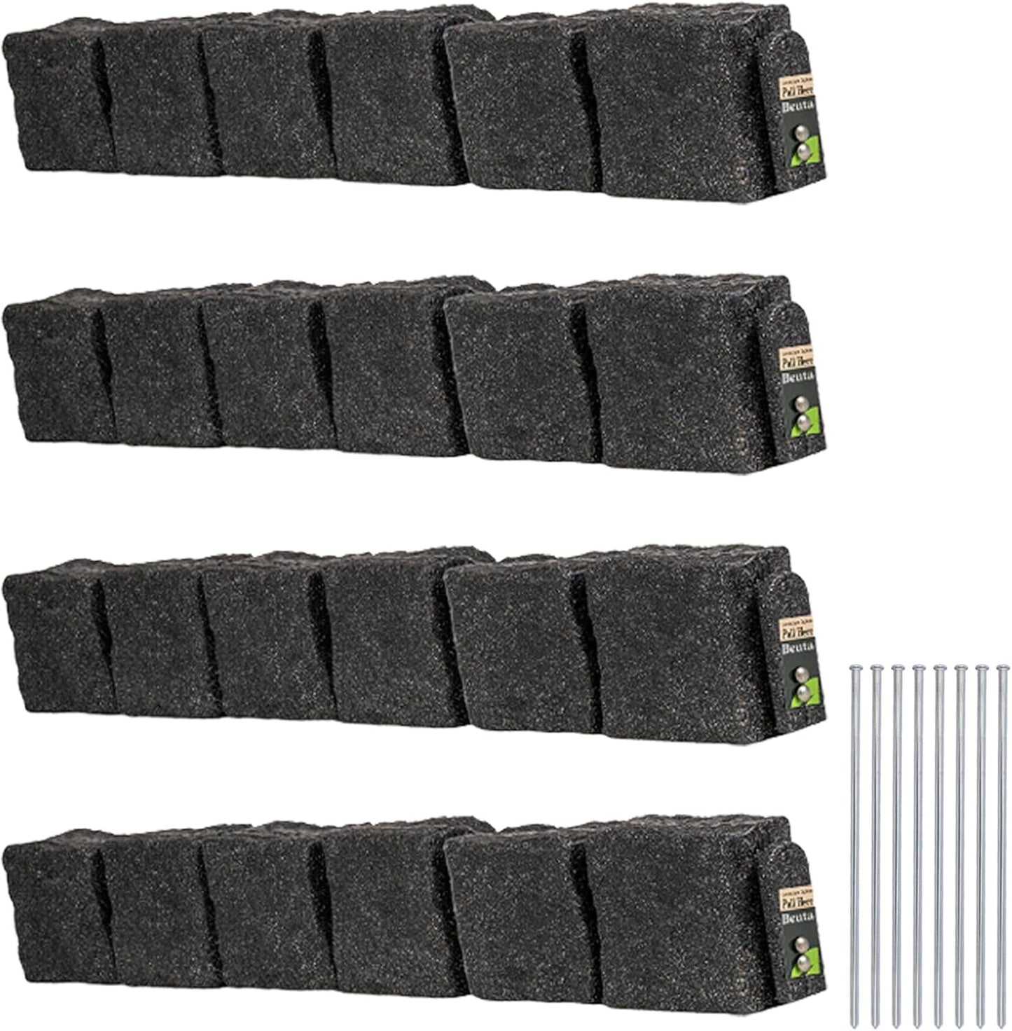 Beuta Landscape Edging | Garden Edging Border | Faux Stone Blocks for Lawn Edging, Flower Beds & Yard Edging – 4 Pack | Each Section Has 6 Blocks 48" L x 4" W x 6.5" H | 8 Spikes | Charcoal