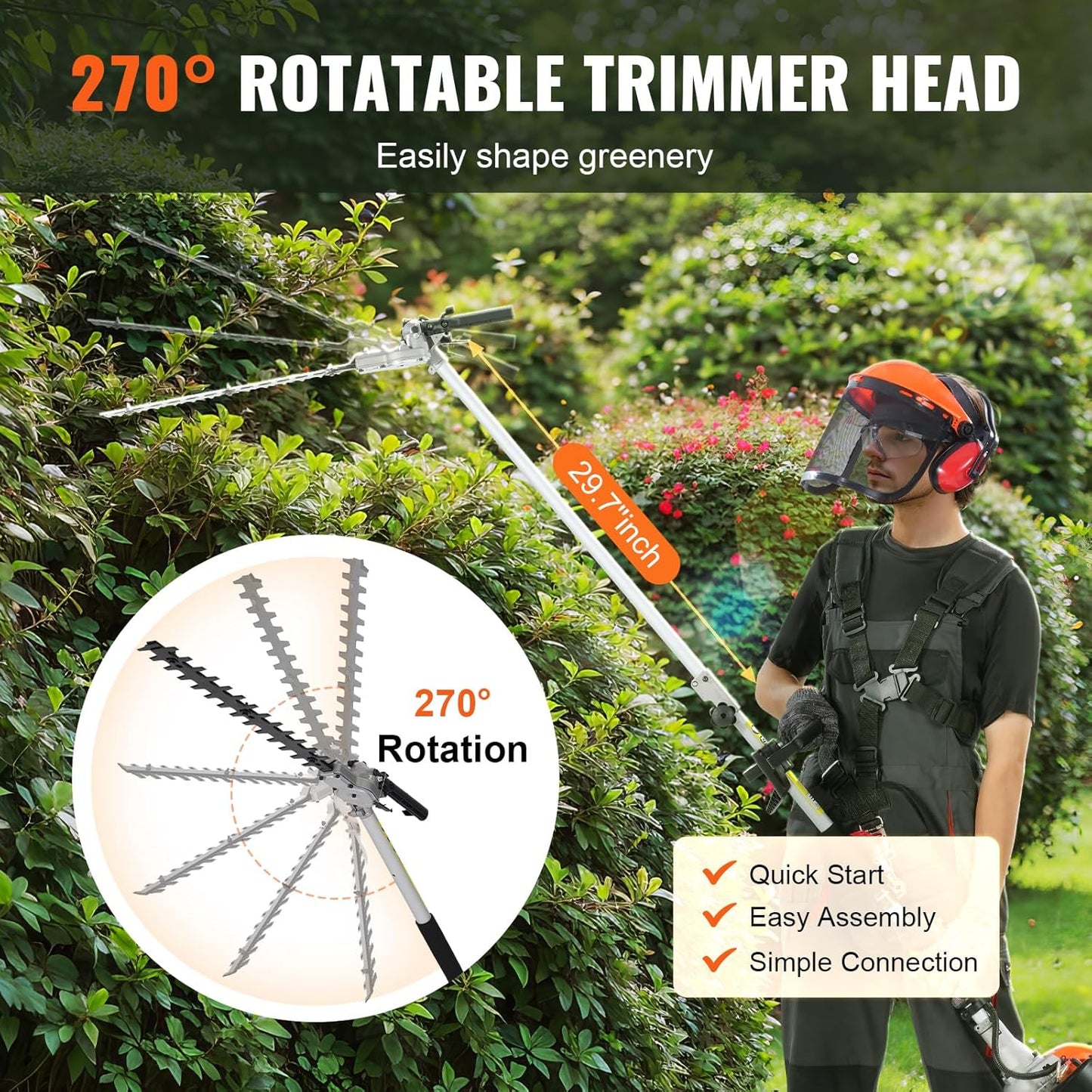 VEVOR 43cc 6-in-1 Multi-Functional Trimming Tool, Hedge Trimmer, Weed Eater, String Trimmer, Brush Cutter, Edger, Pole Saw Chainsaw Pruner with Extension Pole, w/EPA, CE and EMC Certification