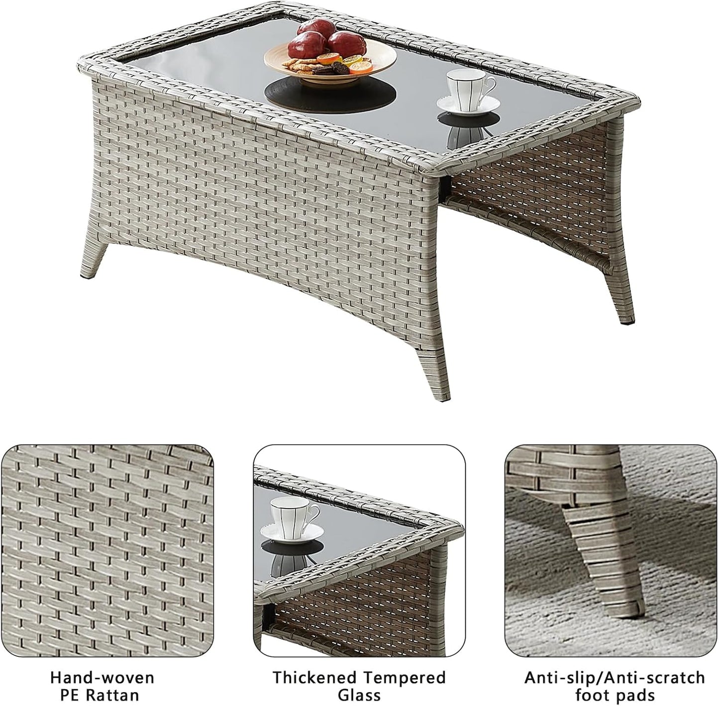 Patio Tables Wicker Coffee Table - Outdoor Rattan Coffee Tables with Glass Top for Patio Proch Deck Balcony Rectangle Light Grey