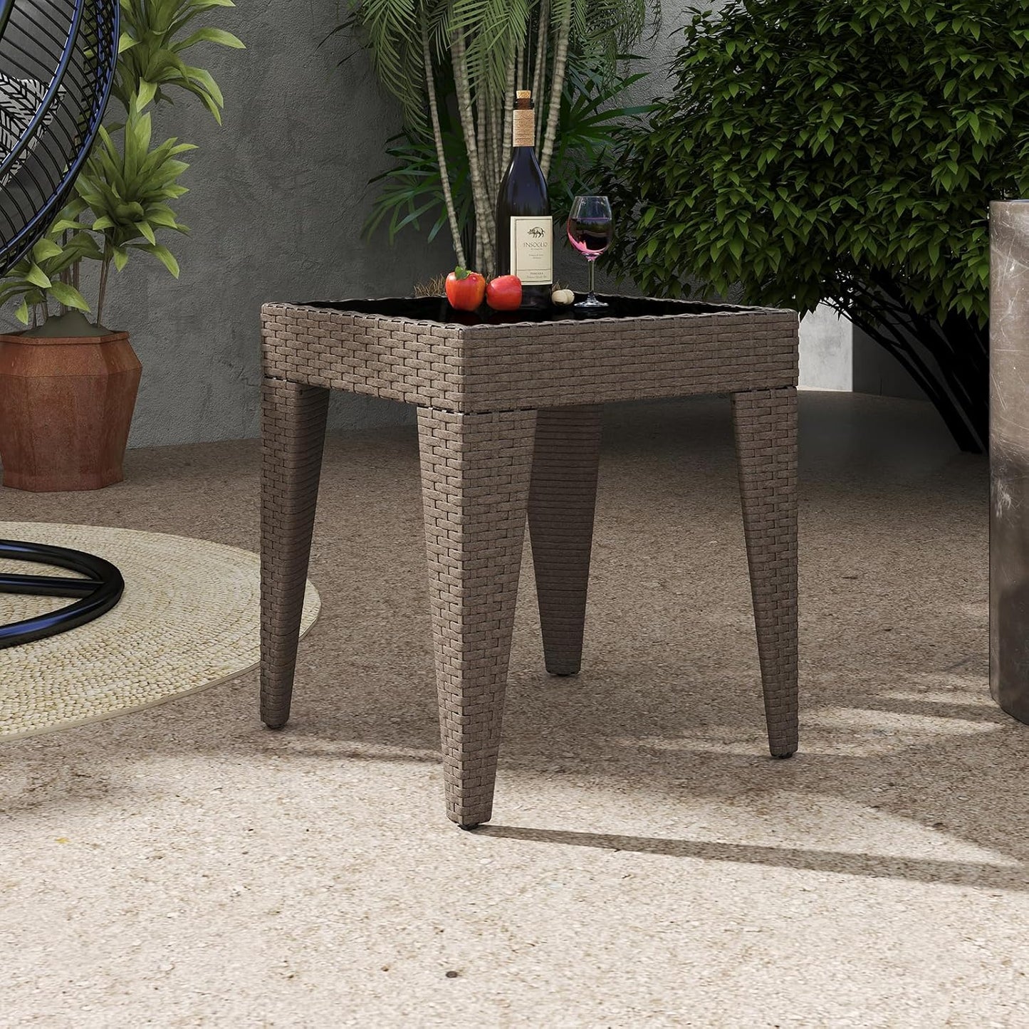 Outdoor Small Patio Table - PE Rattan Coffee Table, Wicker Side Table for Patio, Balcony & Porch, Durable & Iron Frame (1, Rattan Sesame)