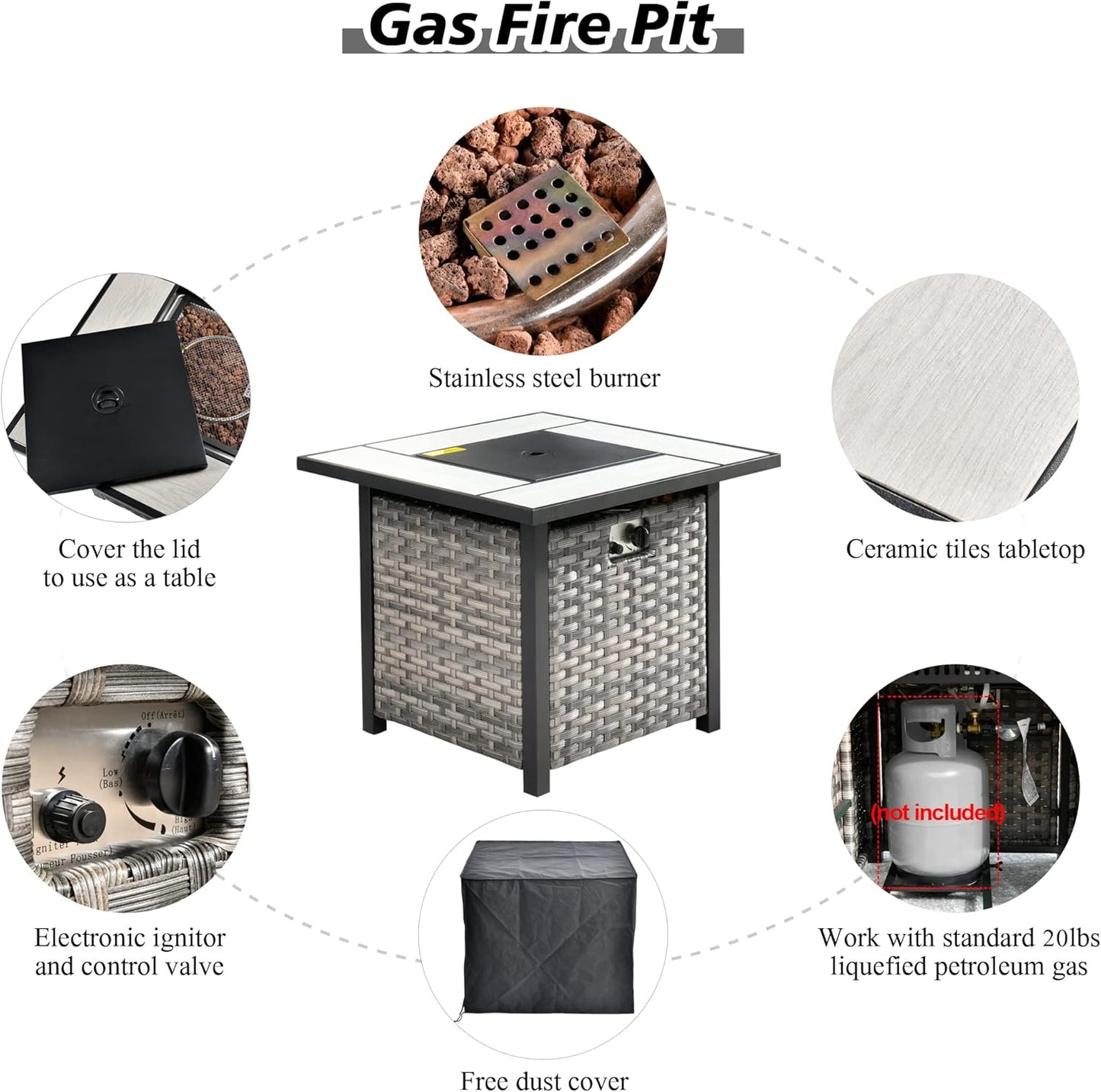 HOOOWOOO 10 Piece Modular Patio Outdoor Sectional Furniture Set with Gas Propane Fire Pit Table,Wicker Conversation Sofa Set with Swivel Chairs,Outside Couch Set(Grey Stripes)